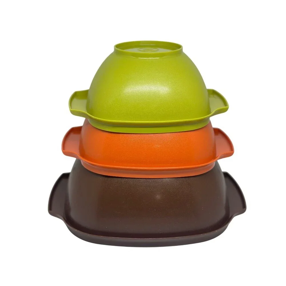 VTG Tupperware Stackable Bowls With Handles In Green Orange & Brown READ Decor